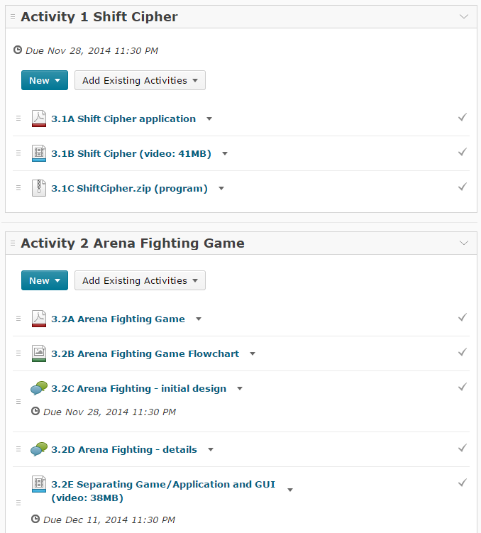A screen capture showing activities organized into modules.